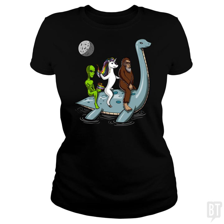 Alien Unicorn Bigfoot Ridding Loch Ness - BustedTees.com
