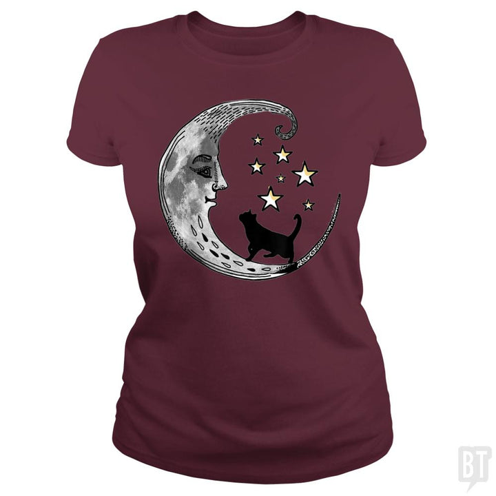 Moon and Stars with Black Cat - BustedTees.com