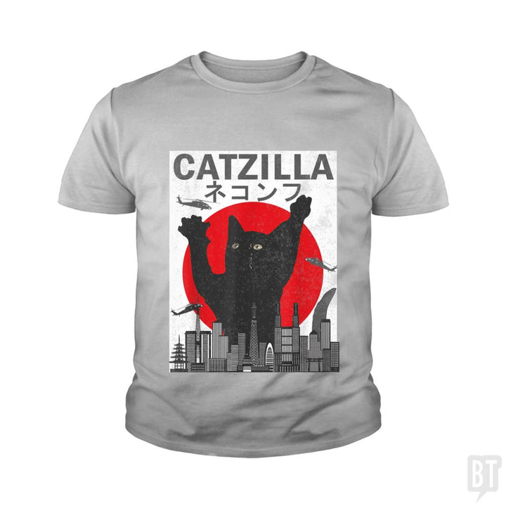 Vintage Catzilla Japanese Sunset Style  Kids Shirt - BustedTees.com