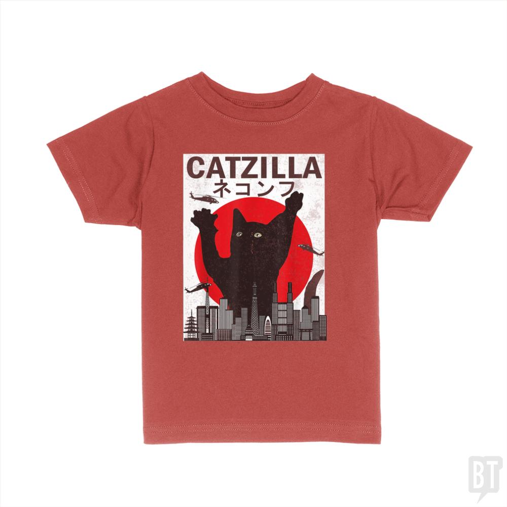Vintage Catzilla Japanese Sunset Style  Kids Shirt - BustedTees.com