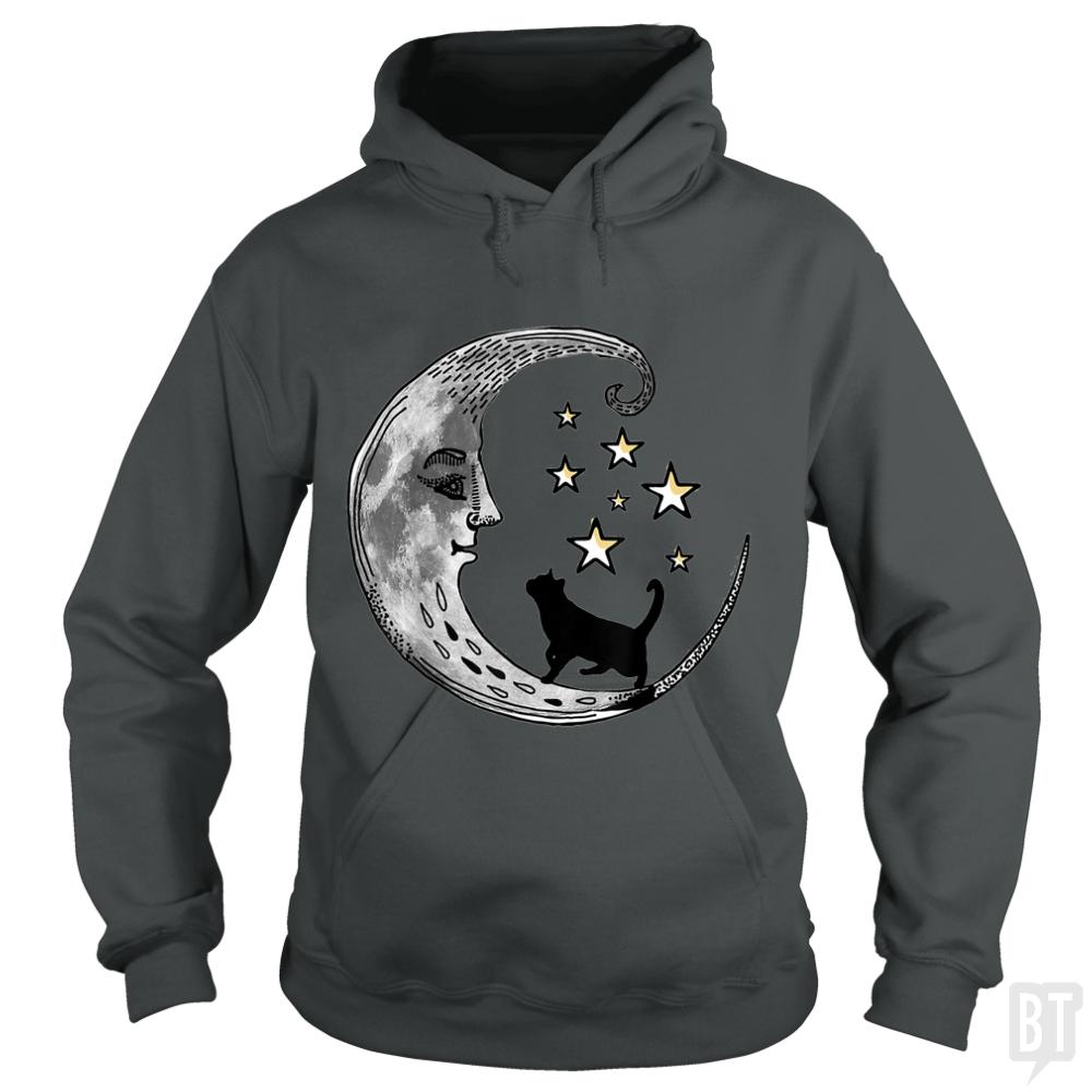 Moon and Stars with Black Cat - BustedTees.com