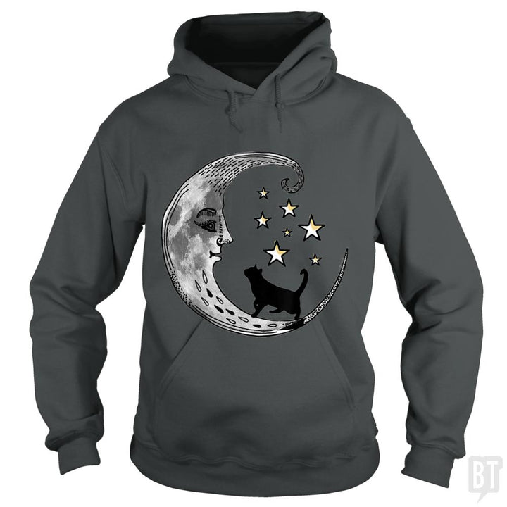 Moon and Stars with Black Cat - BustedTees.com