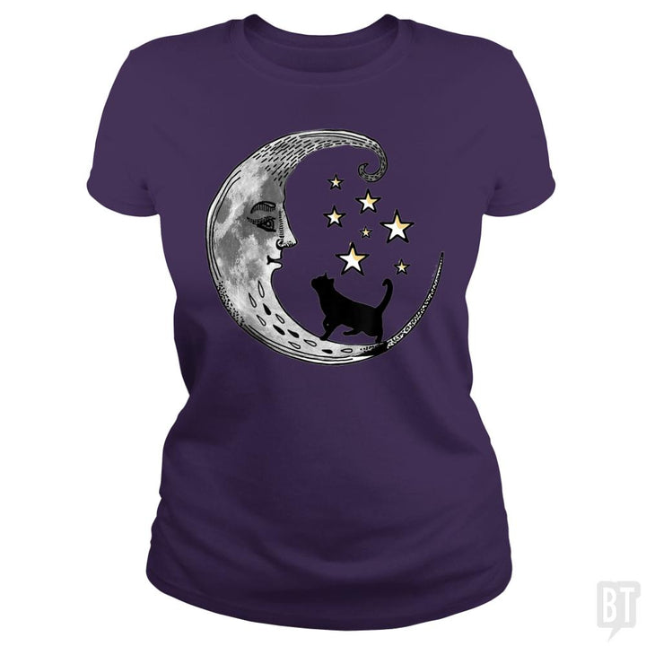 Moon and Stars with Black Cat - BustedTees.com