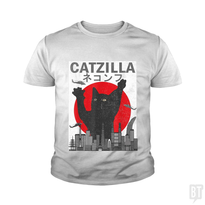 Vintage Catzilla Japanese Sunset Style  Kids Shirt - BustedTees.com