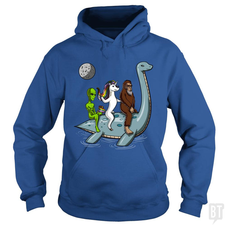 Alien Unicorn Bigfoot Ridding Loch Ness - BustedTees.com