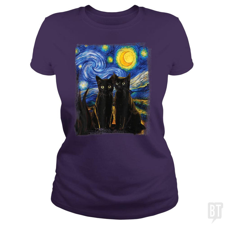 Black Cats Starry Night - BustedTees.com
