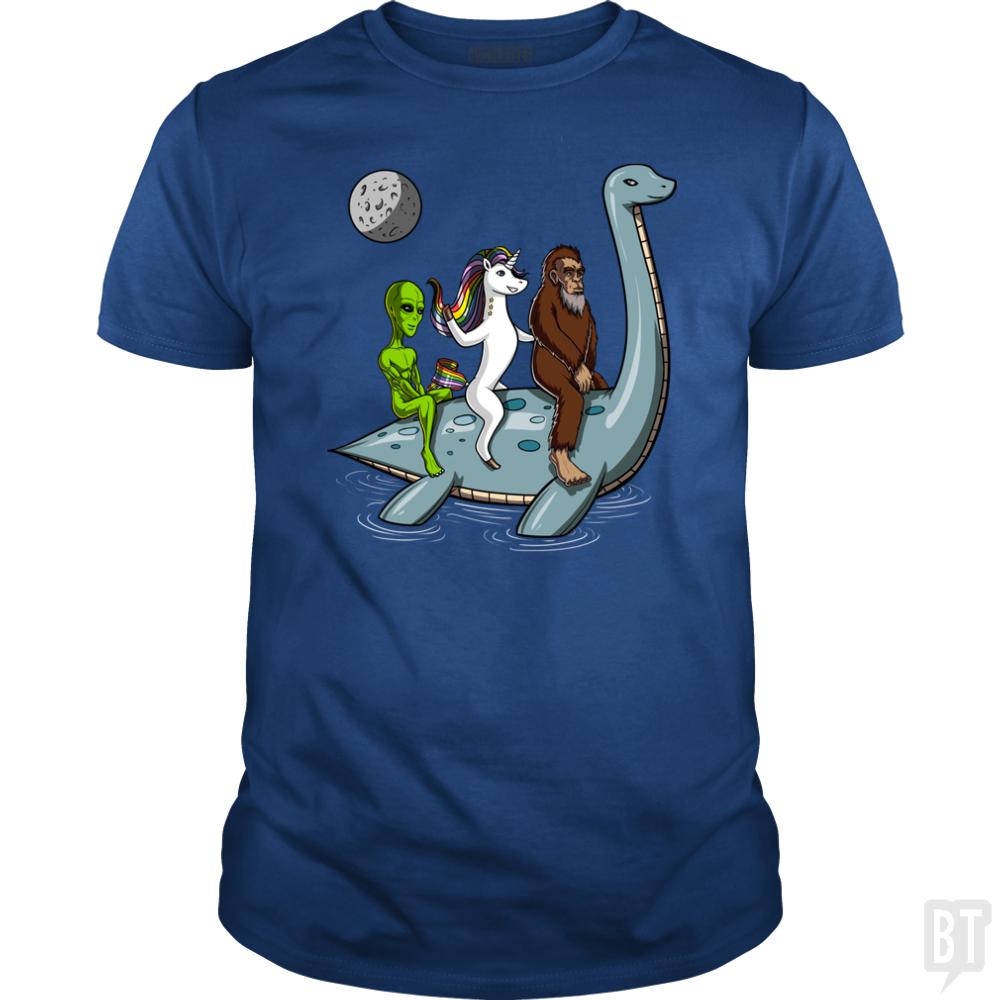 Alien Unicorn Bigfoot Ridding Loch Ness - BustedTees.com
