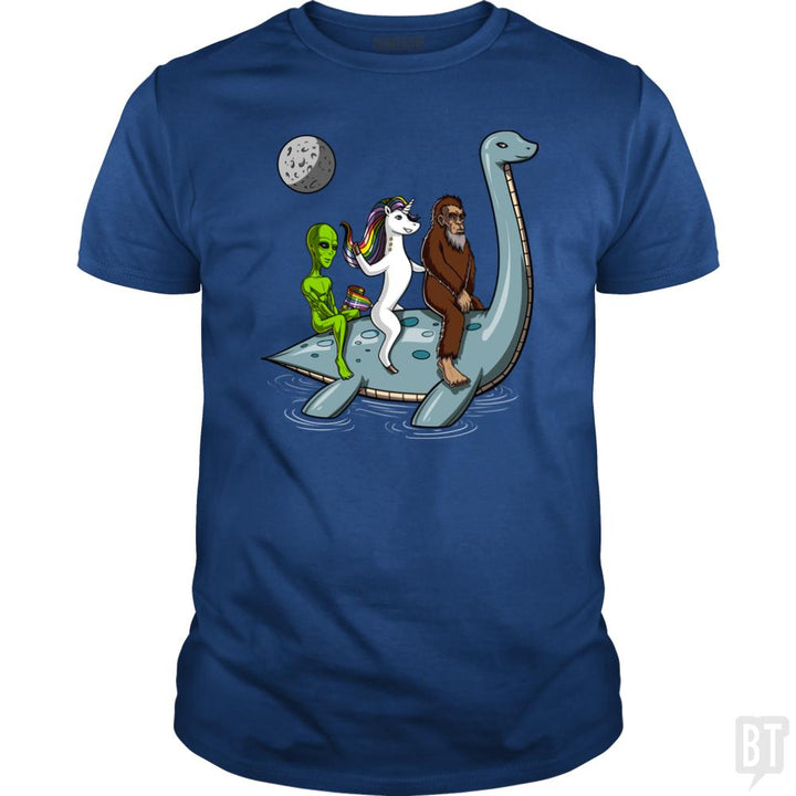 Alien Unicorn Bigfoot Ridding Loch Ness - BustedTees.com