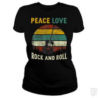 Load image into Gallery viewer, Peace Love Rock And Roll Guitar Retro Vintage - BustedTees.com

