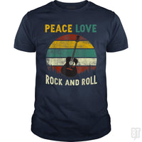 Load image into Gallery viewer, Peace Love Rock And Roll Guitar Retro Vintage - BustedTees.com
