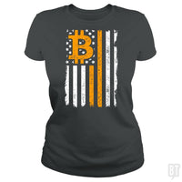 Load image into Gallery viewer, SunFrog-Busted BustedTees Classic Ladies Tee / Dark Heather / S Bitcoin US Flag
