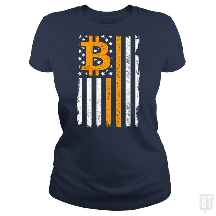SunFrog-Busted BustedTees Classic Ladies Tee / Navy Blue / S Bitcoin US Flag