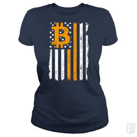 Load image into Gallery viewer, SunFrog-Busted BustedTees Classic Ladies Tee / Navy Blue / S Bitcoin US Flag
