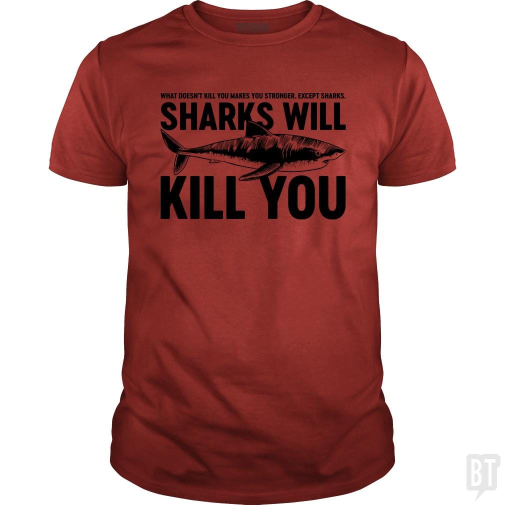 SunFrog-Busted Funky Hippo Classic Guys / Unisex Tee / Red / S Sharks Will Kill You