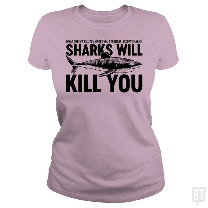 SunFrog-Busted Funky Hippo Classic Ladies Tee / Light Pink / S Sharks Will Kill You