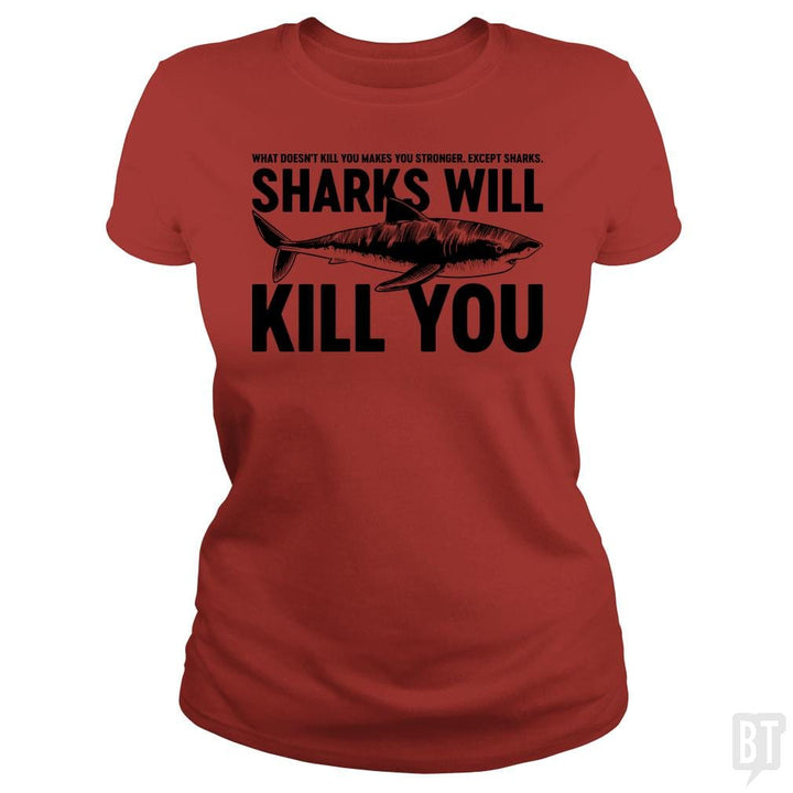 SunFrog-Busted Funky Hippo Classic Ladies Tee / Red / S Sharks Will Kill You