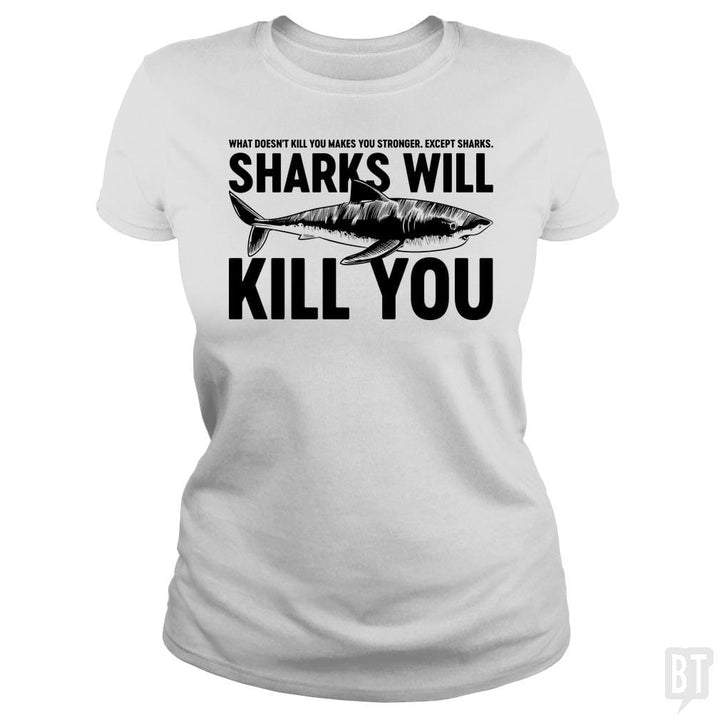 SunFrog-Busted Funky Hippo Classic Ladies Tee / White / S Sharks Will Kill You
