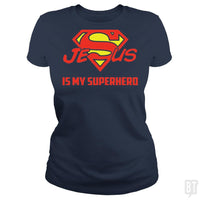 Load image into Gallery viewer, SunFrog-Busted Classic Ladies Tee / Navy Blue / S Jesus Is My Superhero t shirt
