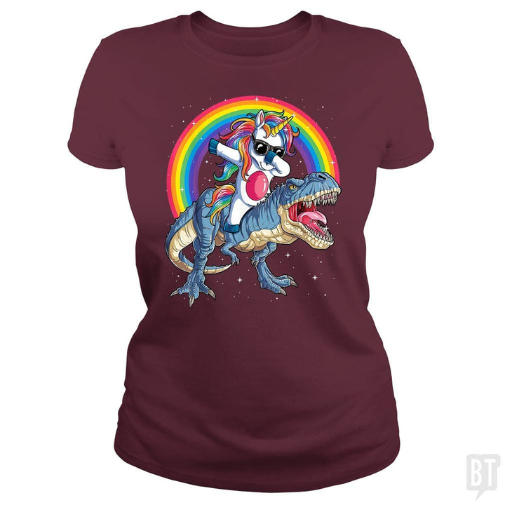 SunFrog-Busted Mr Candy Classic Ladies Tee / Maroon / S Dabbing Unicorn Riding Dinosaur