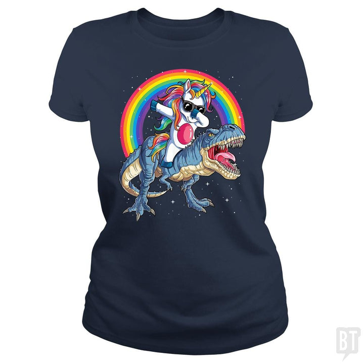 SunFrog-Busted Mr Candy Classic Ladies Tee / Navy Blue / S Dabbing Unicorn Riding Dinosaur