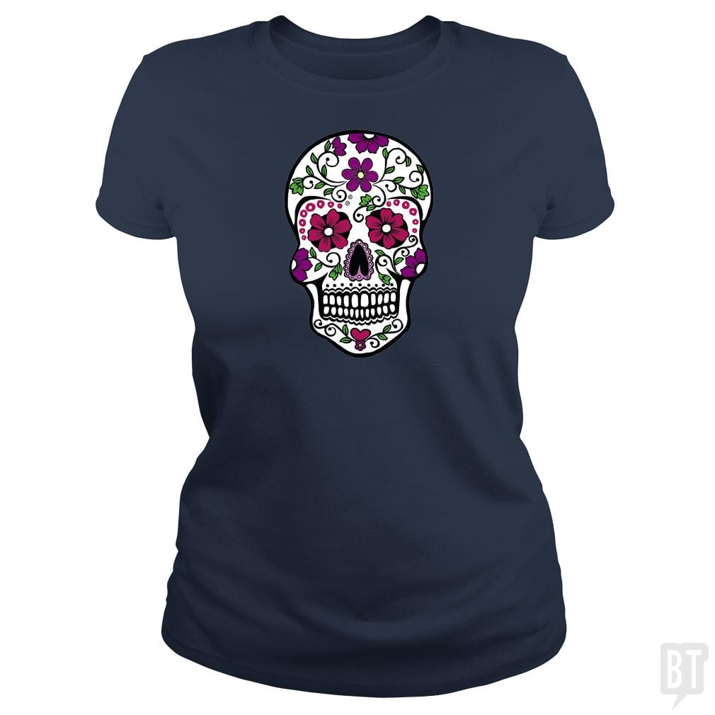 SunFrog-Busted SuperPizzaAwesome2000 Classic Ladies Tee / Navy Blue / S Day of the Dead Skull